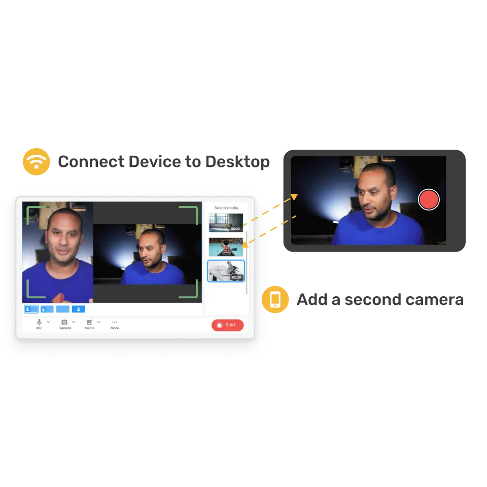 Education Video Creator showing a teacher recording a lesson using a dual camera and teleprompter.